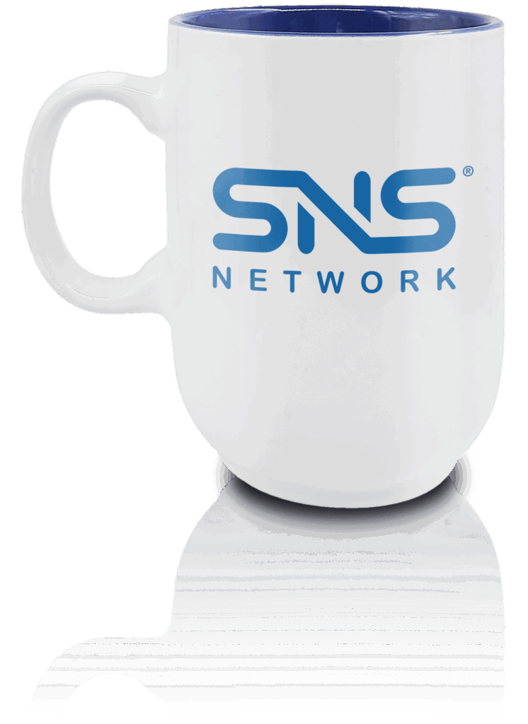 CP2023 white and blue ceramic mug with logo printing.
